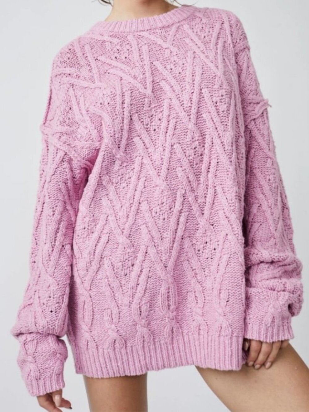 Free People Isla Cable Tunic Sweater - Rose Pink - Size Large